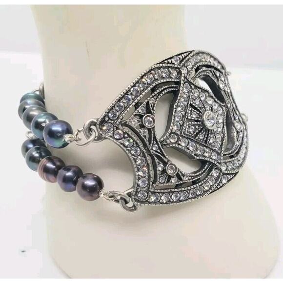 Haley Hill Bracelet Purple Gray Freshwater Pearl & Rhinestones Art Deco Signed - Picture 1 of 13